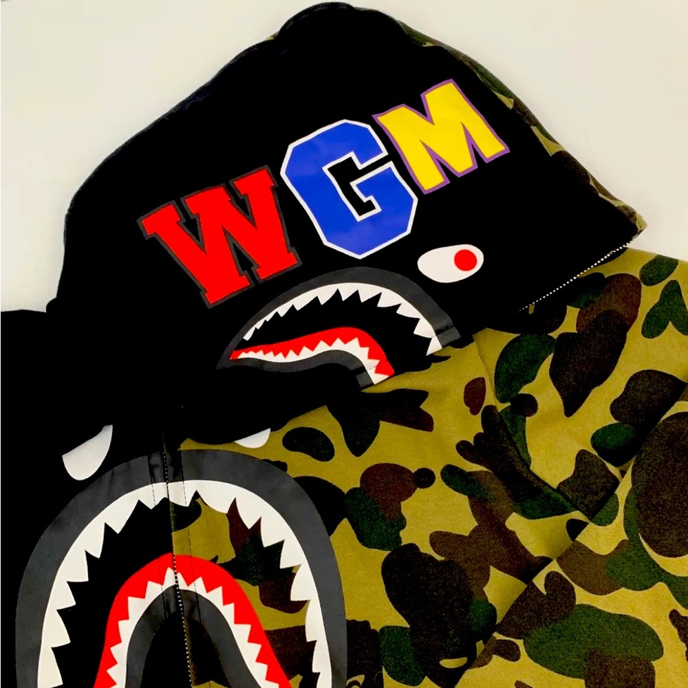 Bathing ape Black and green camo shark head full zip hoodie size mens Xxl